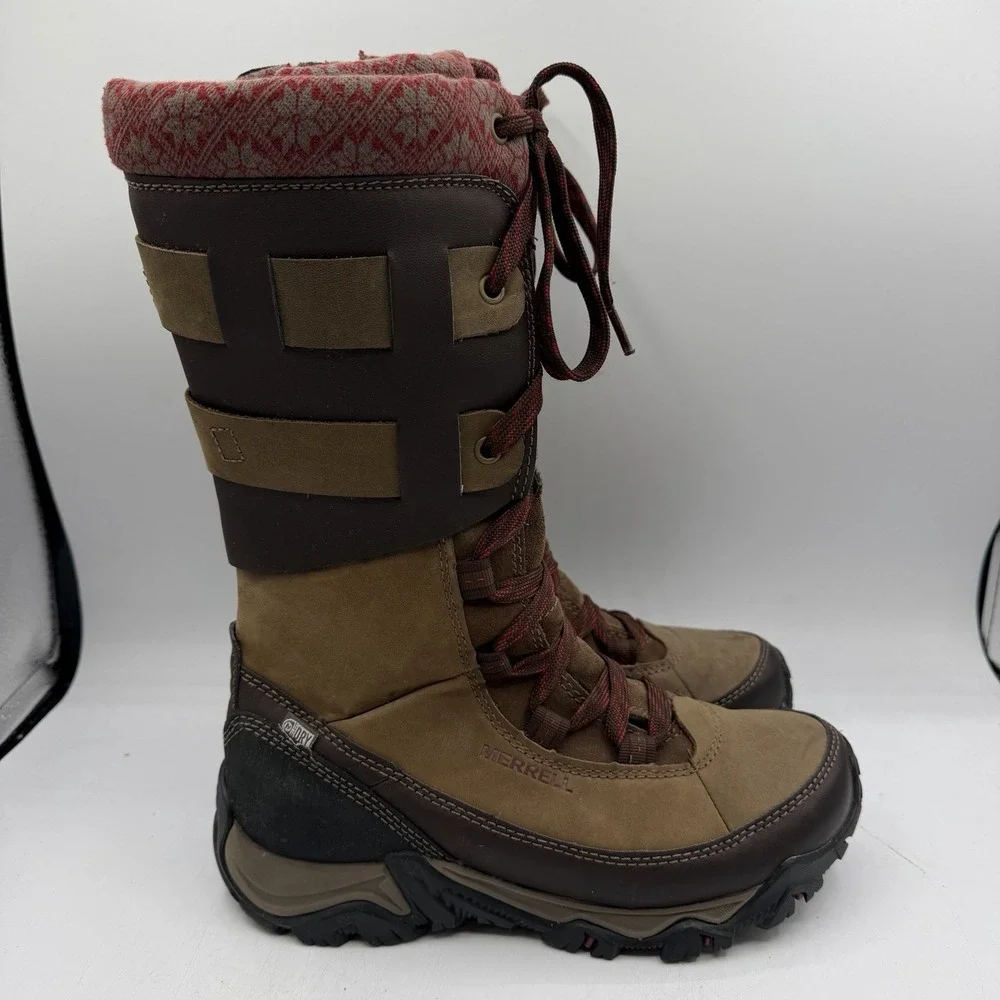 Merrell Polarand Rove Peak Winter Boots Women Sz 8 Brown Leather Waterproof Tall